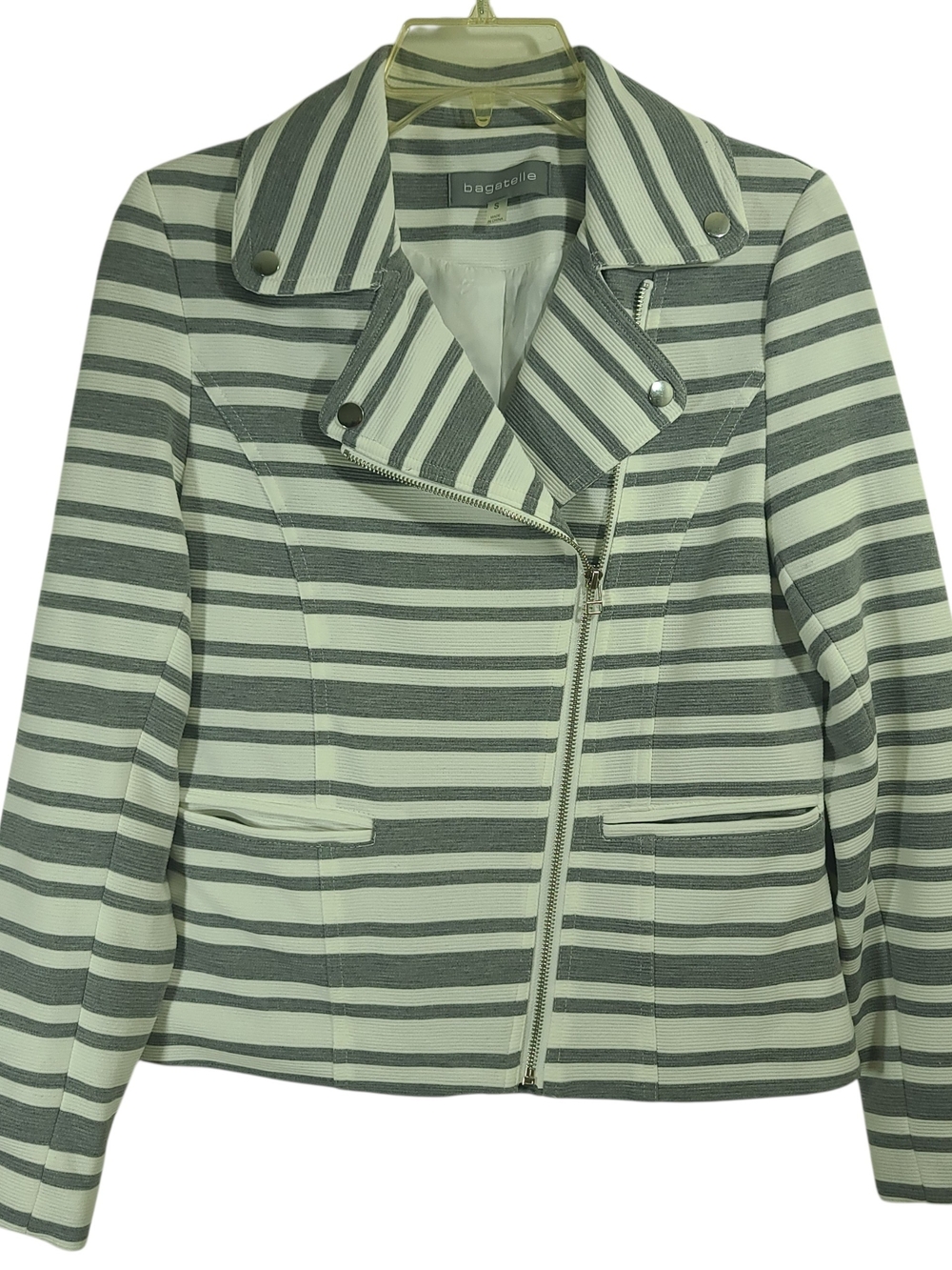 Bagatelle striped jacket moto-style Black White blazer asymmetrical zipper Sz SM